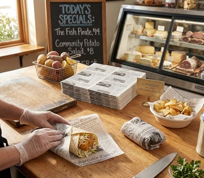 MADE IN USA 1,000 Sheets of Grease-Resistant Food Grade Waxed Kraft Deli Tissue Paper, 12" X 12" (Newsprint Fish & Chip Print) - color: Newsprint Fish & Chip Print