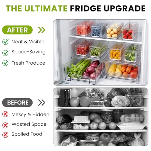 6Pack Fridge Organizers and Storage,Stackable Fridge Organizer Bins with Lids, 2 Pull Out Fridge Organizers and 4 Storage Container with Drain Tray for Fruits, Vegetables, Drinks, Snack and Food