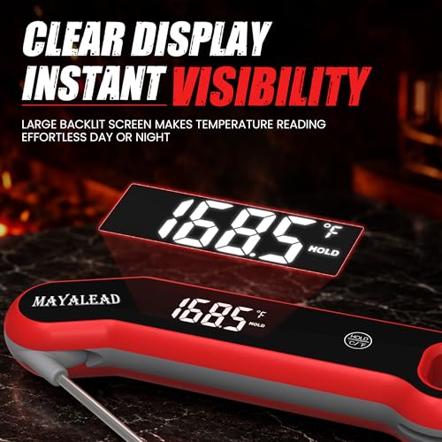 0.5 Sec Instant Read Meat Thermometer Digital Food Thermometer for Cooking Precise ±0.3℃, Magnet Store, Large Bright LED Display IP67 Waterproof BBQ Thermometer for Grill, Oven & Kitchen (Red)