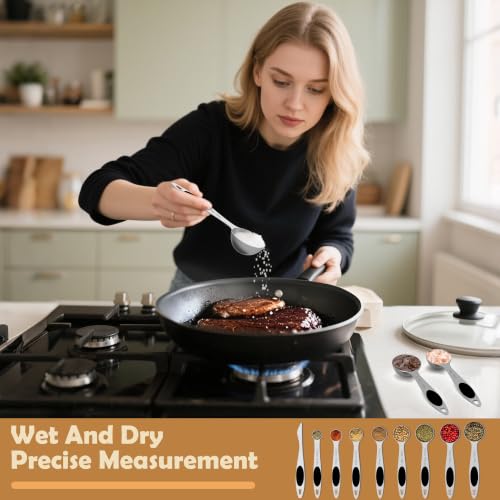 Measuring Spoons,Magnetic Measuring Spoons Set,304 Stainless Steel 8 Single Side Measuring Spoons Set and 1 Leveler with Strong N45 Magnetss,Heavy Duty Metal Kitchen Gadgets for Baking & Cooking - color: Black Magnetic Measuring Spoons Set - S