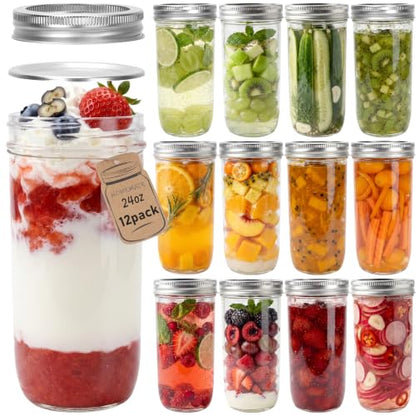 CycleMore 24oz 12 Pack Mason Glass Jars with Silver Separable Lids, Wide Mouth Canning Jars, Glass Pickle Canning Jars for Jelly, Jam, Honey, Wedding Favors, Spices and Herbs - size: 24oz - 12 Pack
