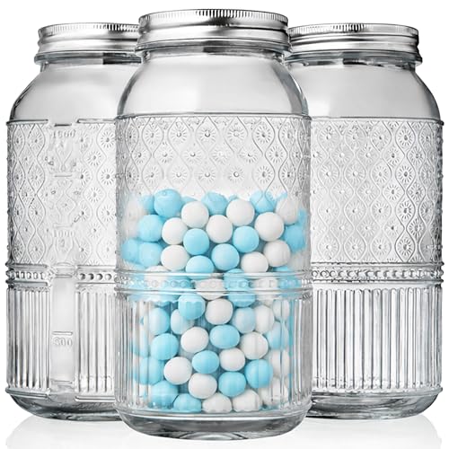 Godinger Glass Canisters Set of 3 – 64 oz Mason Jar Style Food Storage Containers with Lids, Jars for Cereal, Pasta, Cookies, Candy, Flour, Sugar, Pet Food, Vintage Claro Collection Kitchen Decor - color: Clear