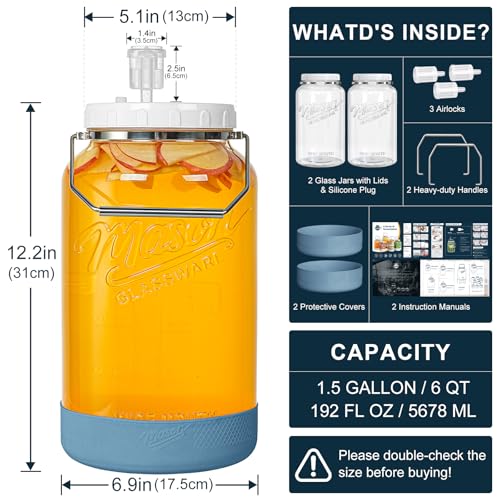 2 Pack 1.5 Gallon Large Fermentation Jars with Airtight Lids & Airlocks, Wide Mouth Glass Mason Jar for Mead Making, Brewing - 100% Leak-proof Pickle jars Kimchi Container with Handles & Bases