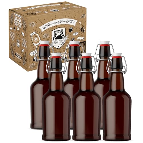 Fermentaholics 6 Pack Glass Swing Top Bottles | Flip Top Lids | Airtight, High-Pressure Tops For Bottling & Secondary Fermentation of Kombucha, Kefir, Beer, Storage, and More (Brown Bottles)