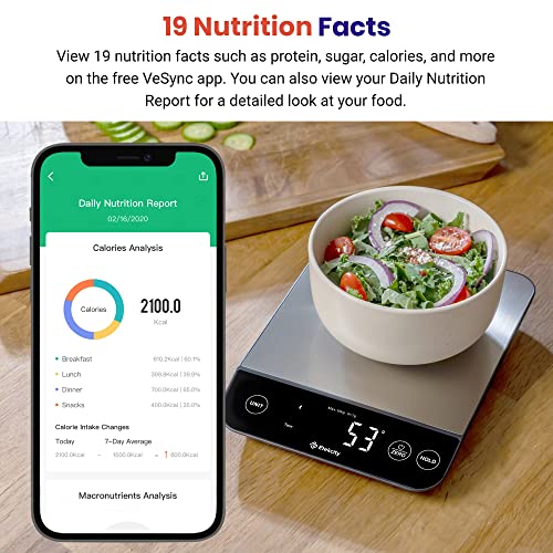 Etekcity Food Nutrition Scale, Smart Food Scale for calorie count, IPX6 Waterproof, Rechargeable, Bluetooth, Ounces and Grams for Weight Loss, Cooking, 304 Stainless Steel, Luminary 22lb - color: Luminary Stainless Steel
