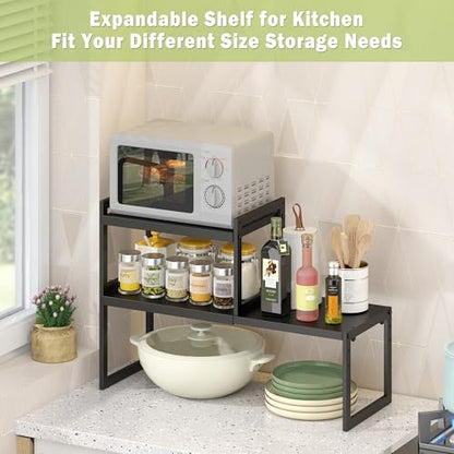 DOLALIKE Expandable Kitchen Countertop Organizer, Stackable Cabinet Shelf Organizers, Space Saving Spice Rack Pantry Storage for Bathroom Office Organization (Black, 2 Pack) | Space Saving Metal Pantry Storage Racks for Kitchen Spice Rack Pans and Untensi