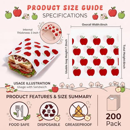 Epakh 200 Pack Paper Sandwich Bags with Apple Design 8 × 8 Inch Happy Food Storage Recyclable Grease Resistant Disposable Snack Bags for Family Home Use - style: Apple