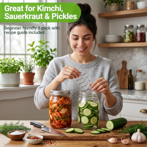 Fermentation Kit to Make Perfect Pickles, Sauerkraut, Kimchi & Probiotic-Rich Vegetables, Easy Pickling Kit for Wide Mouth Mason Jars with Venting Lids & Fermenting Springs