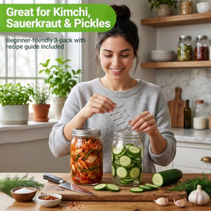 Fermentation Kit to Make Perfect Pickles, Sauerkraut, Kimchi & Probiotic-Rich Vegetables, Easy Pickling Kit for Wide Mouth Mason Jars with Venting Lids & Fermenting Springs