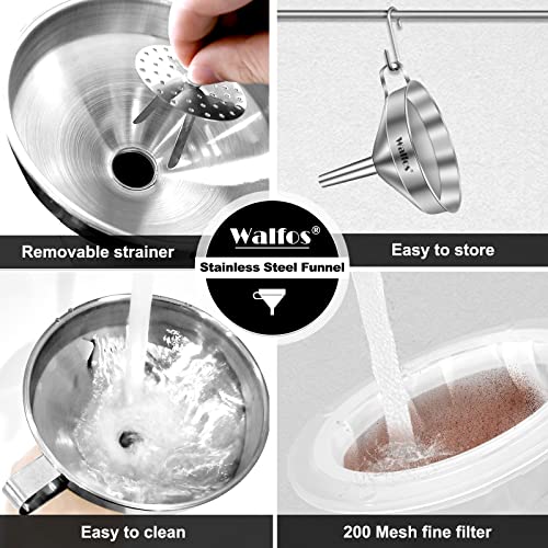 Stainless Steel Funnel, Walfos Kitchen Funnel with 2 Removable Strainer ＆ 1Pc Cleaning Brush, Perfect for Transferring of Liquid, Oils, Jam, Dry Ingredients & Powder (Big, 4.9") - color: 1pcs funnel 4.9 inch