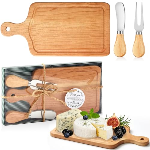 Ziliny 1 Set Bridal Baby Shower Cheese Prizes Wooden Square Board Gift Set Knives Forks Thank You Tags with Box for Guests for Valentines Bridal Baby Shower Housewarming (Cherry Wood) - color: Cherry Wood Color