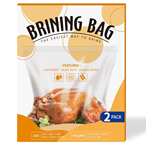 Brine Bags for Turkey, 26"×22", 2 Pack, Holds up 35lb, Thicker Brining Bags with 2 Cotton Strings, Extra Large Brining Bag Fits for Turkey, Chicken, Beef, Fish, Lamb, Pork …