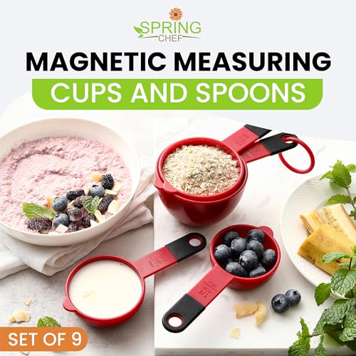 Spring Chef Red Magnetic Measuring Cups and Spoons Set of 9, Stackable Plastic Kitchen Gadget with Easy to Read Markings - Measure Dry or Liquid Ingredients for Baking & Cooking, BPA Free - color: Red