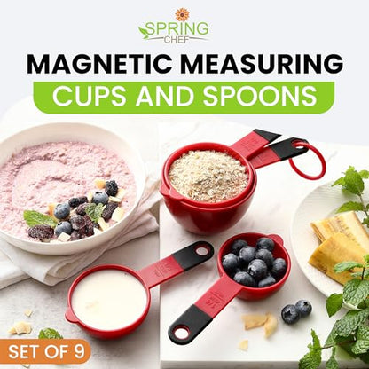 Spring Chef Red Magnetic Measuring Cups and Spoons Set of 9, Stackable Plastic Kitchen Gadget with Easy to Read Markings - Measure Dry or Liquid Ingredients for Baking & Cooking, BPA Free - color: Red