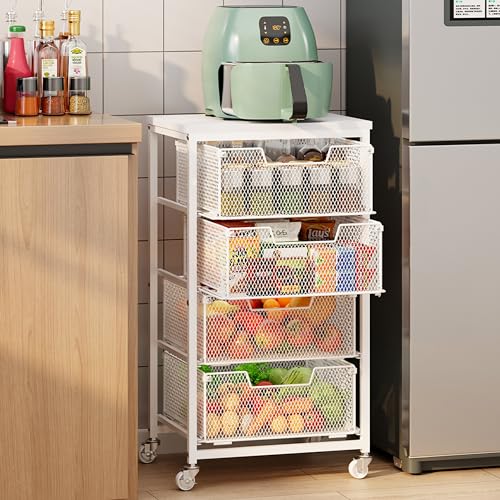 4-Tier Kitchen Storage Cart - Fruit Vegetable Storage Cart with Drawers, Wooden Top Metal Wire Kitchen Organizer and Storage Cart with Wheels to Storage Onions Potatoes Cans Snacks for Kitchen - size: White