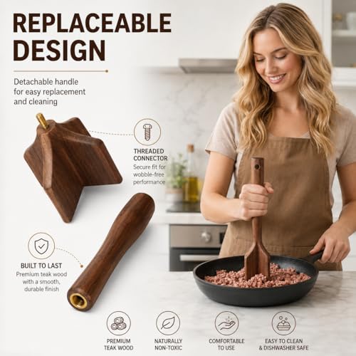 Teak Wooden Meat Chopper, Meat Chopper for Ground Beef, Heat-Resistant Non-Scratch Wooden Meat Masher for Hamburger, Beef, Turkey, Safe for Nonstick Cookware (1Pcs)