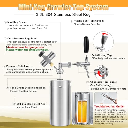 128oz Mini Keg Growler with Adjustable Faucet, Stainless Steel Beer Growler Tap System Upgrade Draft Beer Dispenser System with CO2 Regulator Keep Fresh and Carbonation for Homebrew, Craft