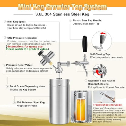 128oz Mini Keg Growler with Adjustable Faucet, Stainless Steel Beer Growler Tap System Upgrade Draft Beer Dispenser System with CO2 Regulator Keep Fresh and Carbonation for Homebrew, Craft