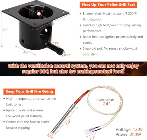 Upgraded 2.0 RPM Auger Motor, Fire Burn Pot and Hot Rod Ignitor, Grill Induction Fan for Traeger and Pit Boss Pellet Grill, Fire Pot Replacement for Traeger Parts Replacement, with Ash Remover, Screws - size: Fire Burn Pot + Ignitor + Motor + Fan