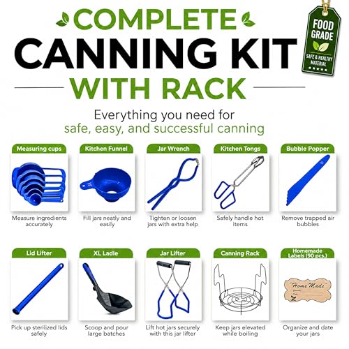 Supa Ant Blue Canning Supplies Starter Kit-10 pc Canner Accessories with Canning Rack for Jars, XL Ladle, Wide Mouth Jar Funnel, Jar Lifter & Wrench, Bubble Popper/Measurer, Lid Lifter, Kitchen Tongs - color: Blue