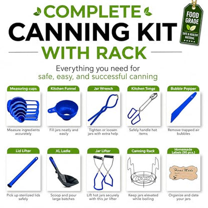 Supa Ant Blue Canning Supplies Starter Kit-10 pc Canner Accessories with Canning Rack for Jars, XL Ladle, Wide Mouth Jar Funnel, Jar Lifter & Wrench, Bubble Popper/Measurer, Lid Lifter, Kitchen Tongs - color: Blue