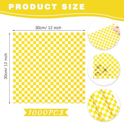 1000 Pcs Deli Paper Sheets 12x12", Premium Food Basket Liners, Grease Resistant Wax Paper Sheets for Food, Classic Checkered Sandwich Wrapping Paper for Party, Festival and Outdoors - color: Yellow