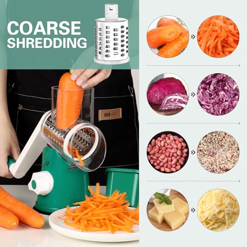 Cambom Rotary Cheese Grater Hand Crank Cheese Shredder for Fresh Cheese, Vegetable, Nuts,Non-slip Suction Base, Three Blades, Dark Green - color: Dark Green, size: 3 BLADES