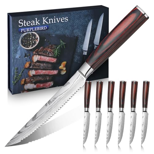 PURPLEBIRD Steak knives Set of 6, Serrated Steak Knife Set 4.5 Inch, Japanese High Carbon Steel Kitchen Steak Knife, Sharp Steak Knives with Wood Handle, Dinner Knife with Gift Box for Mom Dad - color: Red