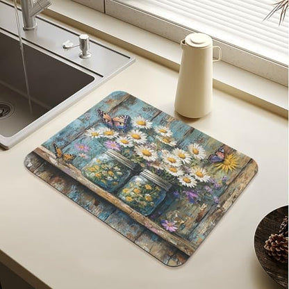 Butterfly Jars Dish Drying Mat for Kitchen Counter Highly Absorbent Coffee Maker Mat Heat Resistant Dish Rack Pad for Racks Sink Draining Utensils 19.7" x 15.7" - size: 19.7x15.7inch