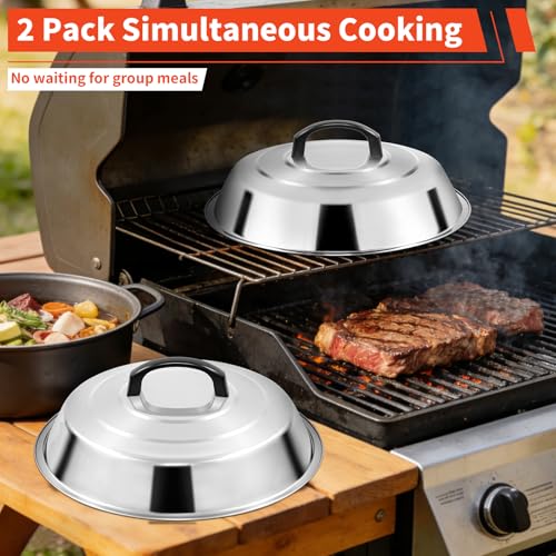 12 Inch Stainless Steel Cheese Melting Dome - 2 Pack BBQ Griddle Accessories, Basting Cover & Steaming Cover Wok Lids, Fits Blackstone Camp Chef Flat Top Griddle, Indoor Outdoor Use