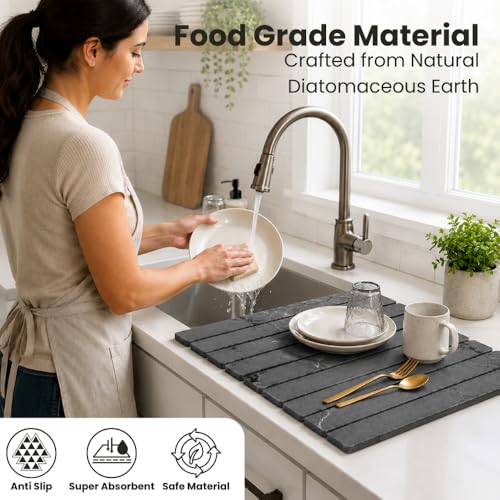 Stone Dish Drying Mat for Kitchen Counter Large Quick Dry Diatomaceous Earth Stone Drying Mat Foldable Water Absorbent Dish Drying Mat for Dishes Cups Bottles Kitchen Sink Countertop (Grey Marble) - color: Gray Marble