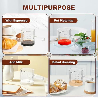 Glass Espresso Cup 6 OZ, Double Shots Measuring Cup with Glass Handle for Dishwasher Safe, Double V-Shaped Spout Milk Frothing Pitcher, Espresso Accessories for Machine, Demitasse Cups (Clear) - color: Clear