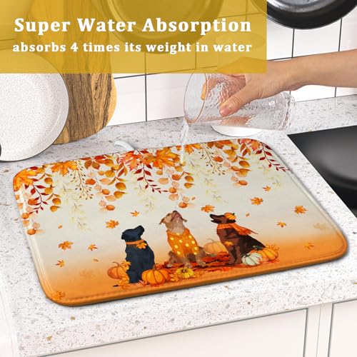 Giwawa Fall Dogs Dish Drying Mat Autumn Leaves Reusable Dishes Pad 16"x18" Holiday Microfiber Quick Dry Dish Drainer Rack Mat for Kitchen Counter - color: Fall Dogs, size: 16x18 inch