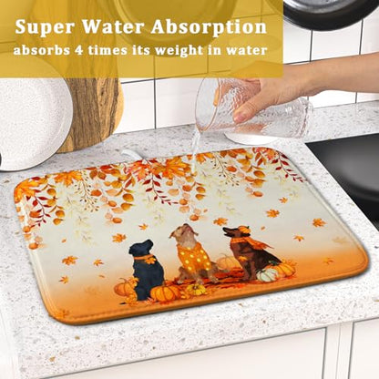 Giwawa Fall Dogs Dish Drying Mat Autumn Leaves Reusable Dishes Pad 16"x18" Holiday Microfiber Quick Dry Dish Drainer Rack Mat for Kitchen Counter - color: Fall Dogs, size: 16x18 inch