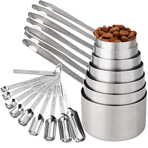 Measuring Cups and Spoons Set 17, 7 Stainless Steel Measuring Cup Set, 9 Spice Long Measuring Spoons with 1 Leveler for Kitchen and Baking, 18/8 Steel Dry Metric Measure Cups &Spoons Set - color: Siliver