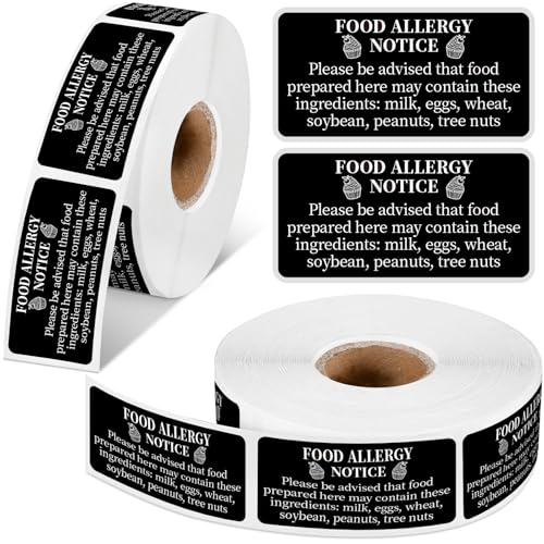 Gueevin 600 Count 1x2'' Food Allergy Warning Labels Allergies Restaurant Food Safety Self Adhesive Stickers Restaurant Removable Thermal Printed Labels for Kitchen (Black) - color: Black