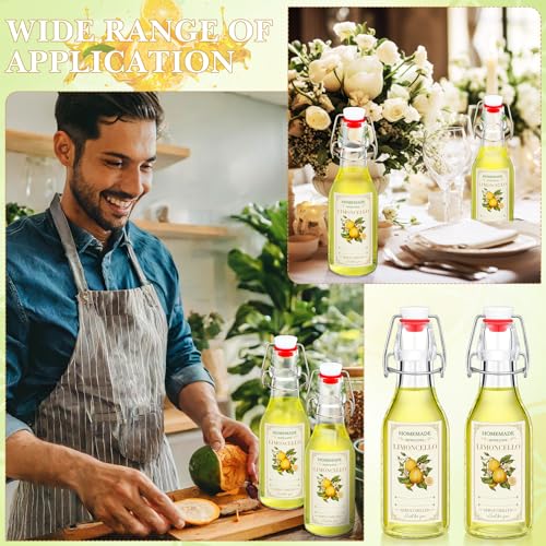 Havawish 12 Sets Limoncello Swing Top Glass Bottles for Homemade 8 oz Flip Clear Top Lemoncello Bottles with Labels Stoppers for Home Brewing Gifts Wedding Lemon Italian Summer Party Favors(Round) - style: Round