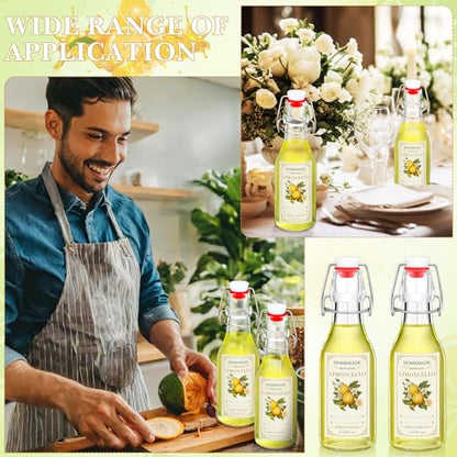 Havawish 12 Sets Limoncello Swing Top Glass Bottles for Homemade 8 oz Flip Clear Top Lemoncello Bottles with Labels Stoppers for Home Brewing Gifts Wedding Lemon Italian Summer Party Favors(Round) - style: Round
