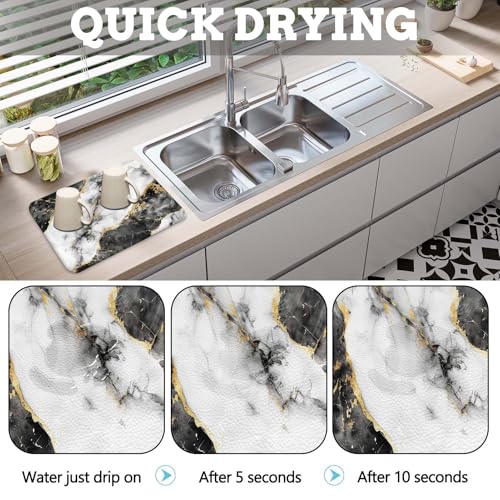MCALK Marble Black Dish Drying Mat for Kitchen Counter, Luxurious Marble Texture Dish Drying Pad with Anti-Slip Rubber Base, Absorbent Kitchen Sink Mat with Modern Art Decor (1 pc 18" x 16") - size: 18" x 16"