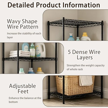 Wire Storage Standing Shelf Rack Tower, Corner Metal Shelving Unit with Adjustable Shelves, Space-Saving Organizer for Garage, Kitchen, Bathroom, 18 * 18 Inch - size: 5 Tier 18 Inch Width