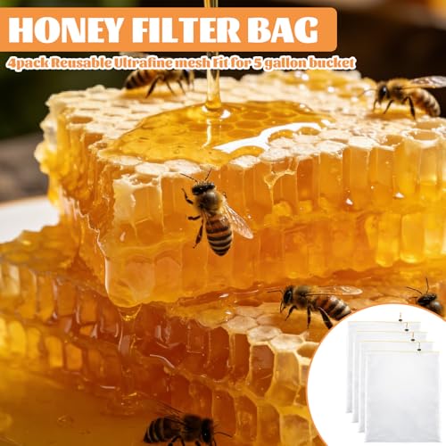 4 Pcs Honey Strainer Bags 23 x 19 Inch Extra Large Nut Milk Bag Ultra-Fine Mesh Cheese Cloth Bag Reusable Honey Filter Bags for Filtering Yogurt Juice Tofu Cheese Beekeeping Supply for 5 Gallon Bucket
