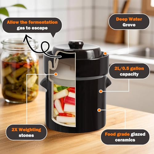 Seeutek Fermentation Crock Jar 1/2 Gallon - Sauerkraut Crock with Lid, Weights & Pounder, Stoneware Pickle Pot for Pickling Kimchi, Pickles, Vegetables, Kombucha, 2 Liter Ceramic Fermenting Crock Kit - size: 2L