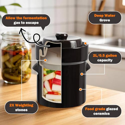 Seeutek Fermentation Crock Jar 1/2 Gallon - Sauerkraut Crock with Lid, Weights & Pounder, Stoneware Pickle Pot for Pickling Kimchi, Pickles, Vegetables, Kombucha, 2 Liter Ceramic Fermenting Crock Kit - size: 2L