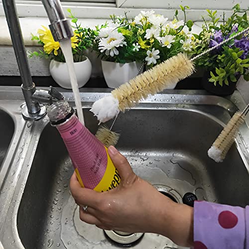 NewFerU Stainless Steel Soda Bottle Cleaning Brush Set in Natural Boar Bristle Wool Tip Long Handle, Flexible Bendable Thick Wire Cleaner for Narrow Neck Water Baby Bottles Straw Pipe Tube Flask (3) - color: 3