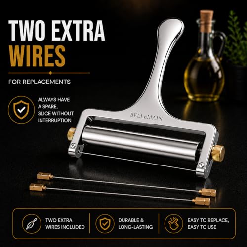 Bellemain Stainless Steel Wire Cheese Slicer with 2 Extra Wires – Handheld Cheese Cutter for Block Cheese, Adjustable Thick & Thin Slices for Cheddar, Gruyere, Raclette & Mozzarella (Silver) - color: Silver