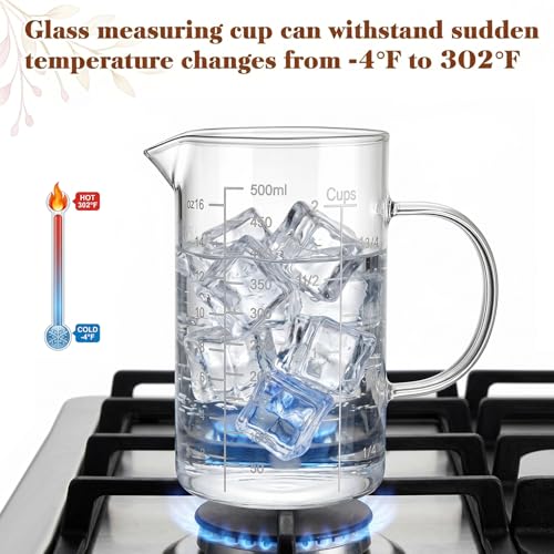 2 Pack Glass Measuring Cup, 500ML 2 CUP High Borosilicate Liquid Measuring Cup with 3 Scales (OZ, Cup, ML/CC), Glass Beaker with Handle and V-Shaped Spout for Kitchen Restaurant, Easy to Read