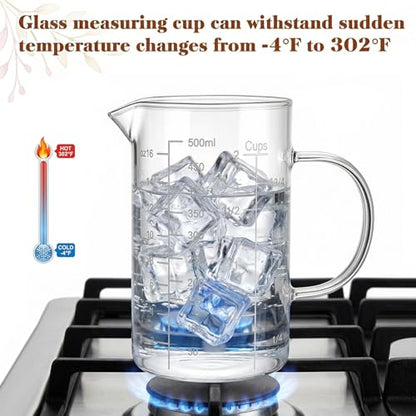 2 Pack Glass Measuring Cup, 500ML 2 CUP High Borosilicate Liquid Measuring Cup with 3 Scales (OZ, Cup, ML/CC), Glass Beaker with Handle and V-Shaped Spout for Kitchen Restaurant, Easy to Read