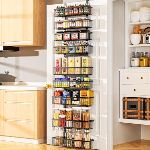 Moforoco 9-Tier Over The Door Pantry Organizer, Pantry Organization and Storage, Black Hanging Basket Wall Spice Rack Seasoning Shelves, Home & Kitchen Bedroom Bathroom House Essentials - color: Black, size: 9-Tier