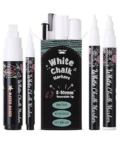 Mr. Pen- Liquid Chalk Marker Pen, 4 Pack, Assorted Size Tip | White Non-Toxic Odorless Chalk Markers, Reversible Chisel & Bullet Tip, Ideal for Non-Porous Chalkboards, Chalkboard Vinyl - size: Assorted Size & Tip