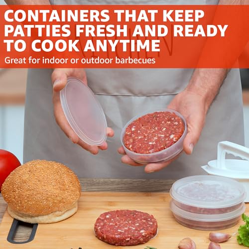 Hamburger Press Patty Maker - 4 in 1, Burger Mold, Patty Press, 10 Storage Containers, 100 Round Papers - Hamburger Patty Maker Tool for BBQ - Burger Shaper for Meat, Veggie Patties